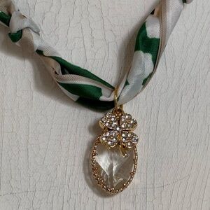 Gold Crystal and Clover Charm Pendant Necklace with Green and Cream Scarf